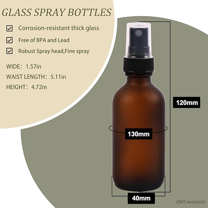 NOOEEISS Green Glass Small Spray Bottles 2 oz 48 Packs,Fine Mist Sprayer Pretty Finish,Refillable Containers mini spray bottles for Cleaning Solutions and Skin Care (Amber Frosted 48Pack)