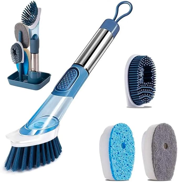 Multifunctional Kitchen Dish Washing Brush Set with Automatic Liquid Filling, Long Handle Scrub Brush with Stand, Blue