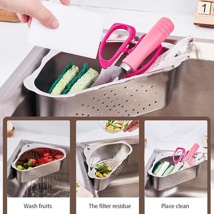 Triangle Sink Drainer Basket, Stainless Steel Triangular Sink Drain Shelf, Suction Cup Triangular Filter Drain Basket Kitchen Sinks Corner for Filter Food Waste and Washing Fruit(COLOR:silver)