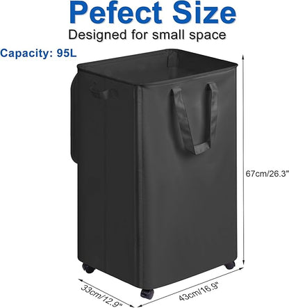 Slim Laundry Hamper with Lid and Wheels, Small Rolling Laundry Basket with Handle for Small Spaces, Tall Dirty Clothes Hampers for Dorm, Bathroom and Bedroom, 95L Black