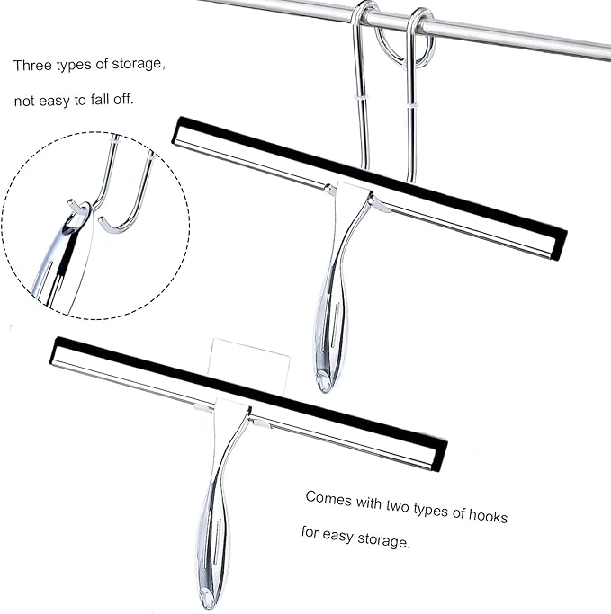 Shower Squeegee, 12 Inch Bathroom Squeegee with Spare Silicone Blade, Shower Door Hook and Adhesive Hook Glass, Stainless Steel Squeegee for Shower Glass Window Bathroom Mirror(12in-Silver-Pack of 1)