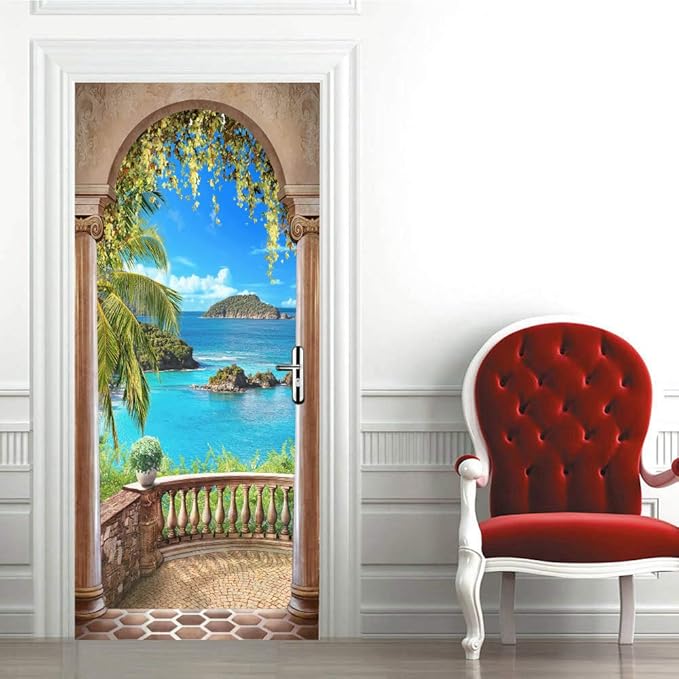 3D Door Stickers Murals - Landscape Peel and Stick Waterproof & Washable Matt Finish 34.6" x 78.7" White Wall Adults Reusable PVC Rectangular Decals