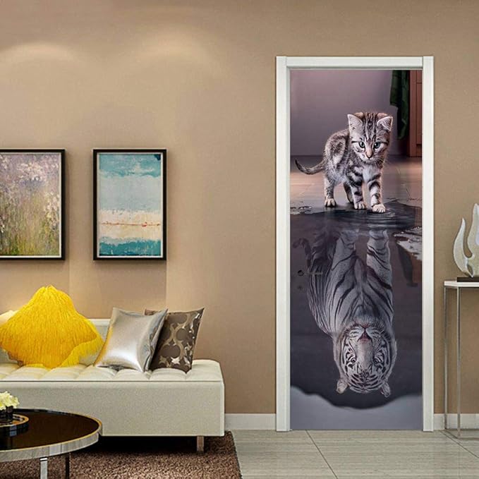 3D Peel and Stick Wall Murals - Cat Becomes Tiger Self-Adhesive Removable PVC Waterproof Door Poster for Bedroom & Living Room 34.6" x 78.7"