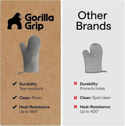 GORILLA GRIP BPA-Free Soft Silicone Oven Mitts, Heat Resistant and Waterproof Cooking Gloves, Thick Cotton Lining, Flexible Gripping for Baking Grilling, Kitchen Potholders Set of 2, 12.5x8.3, Gray