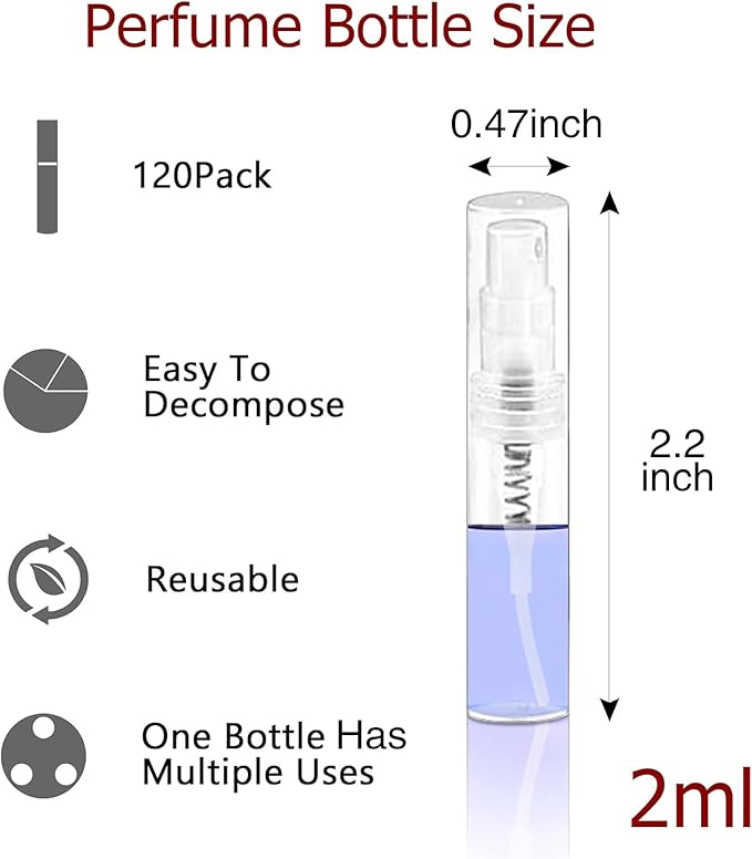 Mini Spray Bottle, Clear Plastic Empty Sample Containers, Fine Mist Perfume Travel Refillable Spray Bottle Perfume Atomizer Small Portable Bottle for Cleaning, Travel, Essential Oils(120, 2ml)