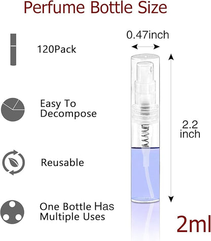Mini Spray Bottle, Clear Plastic Empty Sample Containers, Fine Mist Perfume Travel Refillable Spray Bottle Perfume Atomizer Small Portable Bottle for Cleaning, Travel, Essential Oils(120, 2ml)
