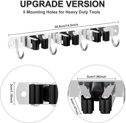 Broom Holder Wall Mount, Broom Organizer Wall Mount Stainless Steel Broom and Mop Hanger Heavy Duty Storage Organization for Home Kitchen Garden Garage Room 3 Racks 4 Hooks Black