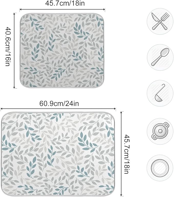 Grey and Blue Leaves branches Dish Drying Mat 16x18 for Kitchen Gray Leaves Botanical Spring Flowers Dishes Pad Dish Drainer Rack Mats Absorbent Fast Dry Kitchen Accessories
