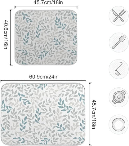 Grey and Blue Leaves branches Dish Drying Mat 16x18 for Kitchen Gray Leaves Botanical Spring Flowers Dishes Pad Dish Drainer Rack Mats Absorbent Fast Dry Kitchen Accessories