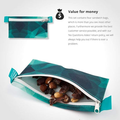 Nordic By Nature 4 Pack - Reusable Sandwich Bags Dishwasher Safe BPA Free - Durable Washable Quick Dry Cloth Baggies -Reusable Snack Bags School Lunches - Easy Open Zipper - (Turquoise)
