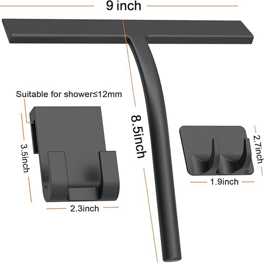All -Purpose Silicone Shower Squeegee for Shower Glass Door with Hook, Bathroom Accessories for Window Mirror Tile Car Shower Walls,Household Shower Cleaner Tool (Black, 9 inch(2hooks)