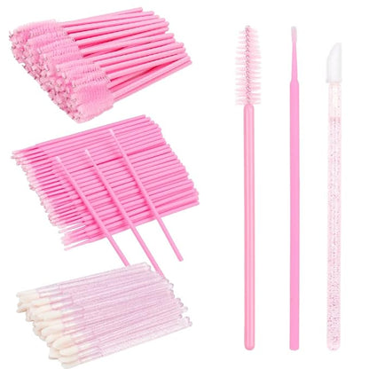 300 PCS Eyelash Extension Supplies Kit Disposable Micro Brush Eyebrow Lash Spoolies Lip Stick Brush Mascara Wand Applicator Makeup Brush Tool (Pink Sets)