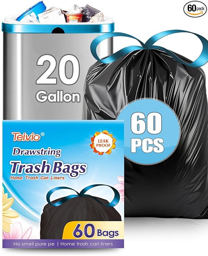 Teivio 20 Gallon 60 Counts (fit 18-20 Gal) Large Drawstring Trash Bags Strong Tall Kitchen Compactor Bags Garbage Bags for Home/Office/Light Residential Waste/Outdoor Trash Can, Lawn，Black Trash