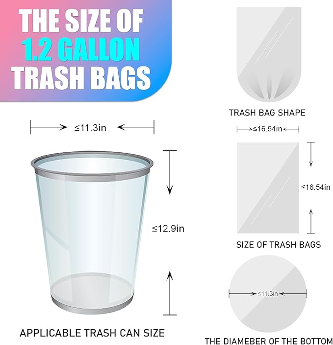 300 Count 1.2 Gallon Trash Bags - 4.5 Liter Colored Small Garbage Bags Unscented Mini Can Liners Leakproof & Tear Resistant for Bathroom, Office, Home