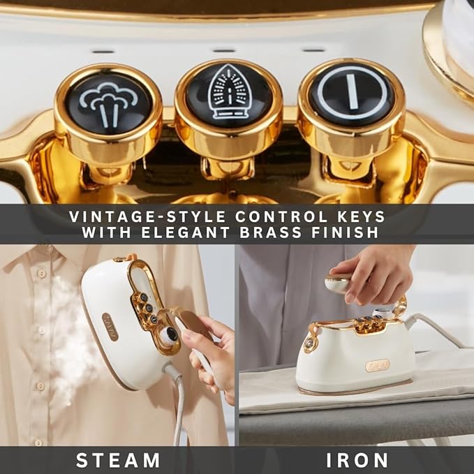 SALAV® Retro Edition Duopress Handheld Garment Steamer and Iron, Ceramic Plate, 1000 watts of Steam, Removes Wrinkles on Clothes, Vintage Style No Drip Steam, Pearl