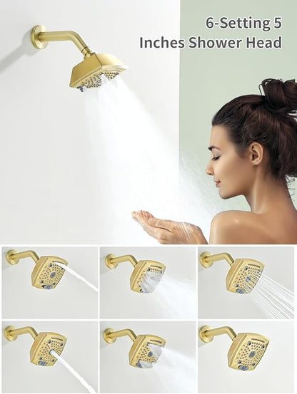 Brushed Gold Shower Faucet Set 6 Setting Shower Head 5 Inch Shower Trim Kit Modern shower valve kit High Pressure Shower Fixtures Shower System