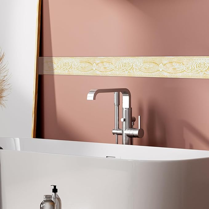 AbaBoorty Beige Floral Wallpaper Border Decor 196"X4.1" Peel and Stick Wall Border Waterproof Tiles Sticker Wallpaper Self Adhesive Removable Wall Stickers for Bedroom Living Room Decor