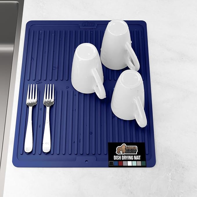 GORILLA GRIP 100% BPA-Free Patented Silicone Dish Drying Mat for Kitchen Counter, Water Catching Ribbed Design, Easy Clean Waterproof Sink Liner, Heat Resistant, Fits Under Rack, 12x16 Inch, Blue