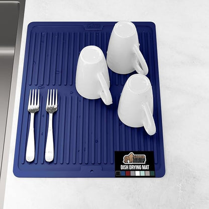 GORILLA GRIP 100% BPA-Free Patented Silicone Dish Drying Mat for Kitchen Counter, Water Catching Ribbed Design, Easy Clean Waterproof Sink Liner, Heat Resistant, Fits Under Rack, 12x16 Inch, Blue