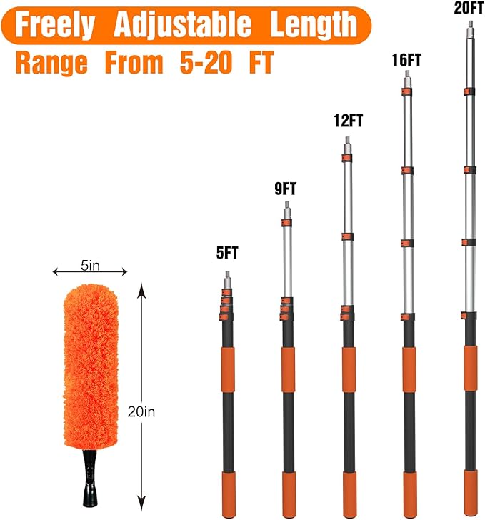 LAANPOLE 26FT High Reach Duster Cleaning Kit with Extension Pole, High Ceiling Fan Cleaner Duster Tool for Fan Blades, Window Washing Kit with Microfiber Feather Duster & Window Squeegee