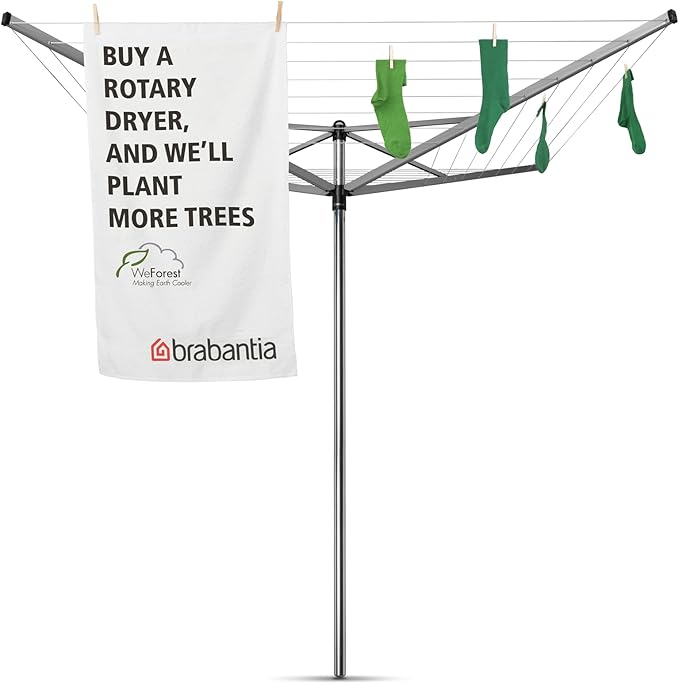 Brabantia Topspinner Outdoor 4 Arm Spinning Clothesline (197 ft/Ø 1.8") Rotating, Folding Clothes Drying Rack + Ground Spike (Gray)