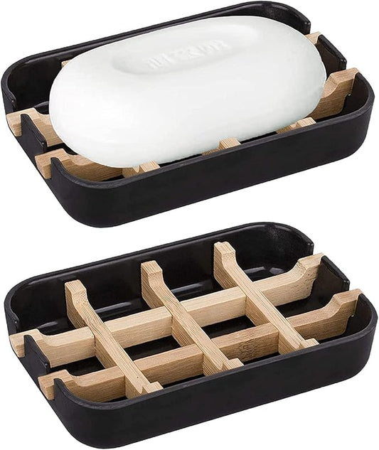 Aoheuo Modern Bamboo Fiber soap Holder and soap Dish Combination (Removable), Black, 5.12 Long by 3 Wide, 0.98 inches high, Used in Kitchens, bathrooms, and bar Sinks