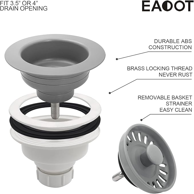 3-1/2 Inch Polymer Slate Gray Sink Drain Assembly with Basket Strainer and Stopper for Quartz, Granite or Fireclay Kitchen Sinks