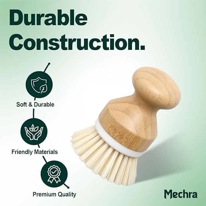 Bamboo Dish Scrub Brush with Natural Bristles by Mechra – Eco-Friendly Kitchen Cleaning Brush, Ergonomic Wooden Handle for Dishwashing, Pots, Pans & Sink Scrubbing