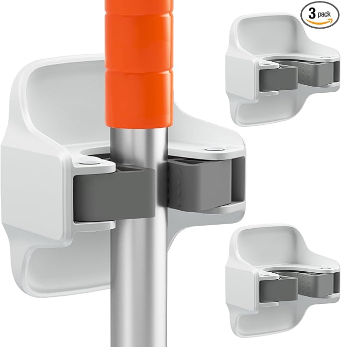 reliahom 3 Pack Broom Holder Wall Mount Mop Grippers No Drilling Self Adhesive Anti-Slip Mop Handle Hanger Dustpan and Broom Organizer Garage Storage Racks-White