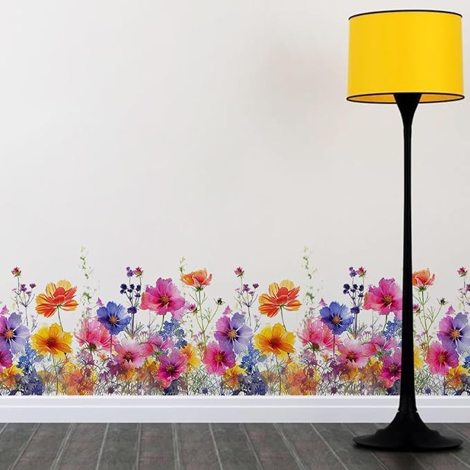 Runtoo Watercolor Flower Wall Corner Stickers Floral Garden Baseboard Skirting Line Wall Decals for Bedroom Nursery Classroom Home Decor (W:40 inches)