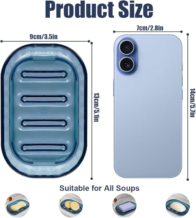2 Pack Bar Soap Dish Holder, Plastic Clear Waterfall Soap Tray Dryer, Self Draining Soaps Saver for Shower, Kitchen Sink, Bathroom Restaurant Counter, Hotel (Blue)