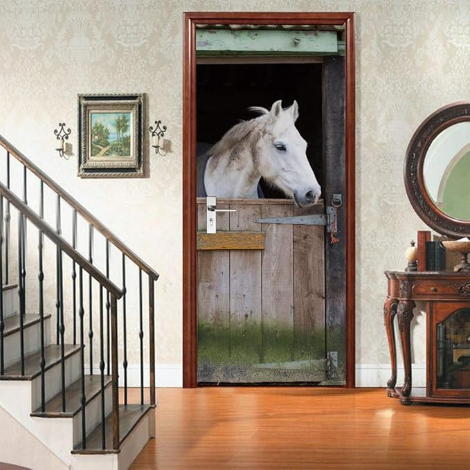 Horse 3D Door Stickers Murals - Peel & Stick Waterproof Washable Matt Finish Rustic Brown Wall 33.9" x 78.7"