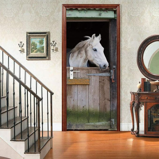 Horse 3D Door Stickers Murals - Peel & Stick Waterproof Washable Matt Finish Rustic Brown Wall 33.9" x 78.7"