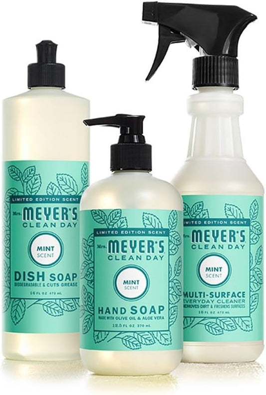 Mrs. MEYER'S Kitchen Set, Dish Soap, Hand Soap, and Multi-Surface Cleaner, 3 CT (Mint)