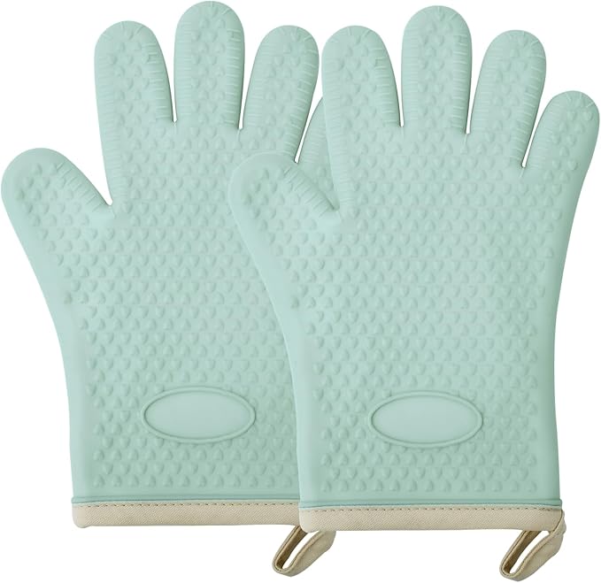Silicone Oven Mitts Heat,1 Pair Non-Slip Five-Finger Oven Gloves, Waterproof Flexible BBQ Grilling Gloves with Hanging Loops, Kitchen Mitts for Baking Cooking Frying (Green)