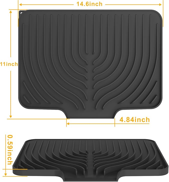 Silicone Drying Mat for Kitchen Counter , Dish Drying Rack Matt with Built in Drain, Small Dry Mats for Dishes Drying Pad for Kitchen Counter (14.6×11inch, black)