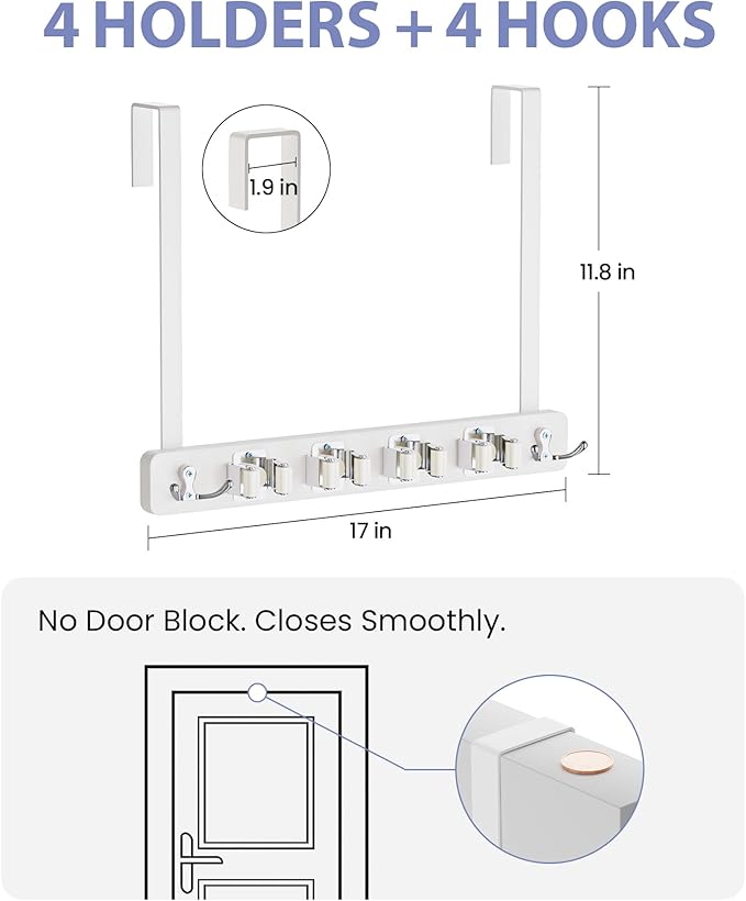 FANGSUN Broom Holder Door Mount Hanging, Over The Door Broom and Mop Organizer with 4 Slots and 4 Hooks, Wooden Tool Rack Storage Hanger for Laundry, Closet, Garage, No Drills