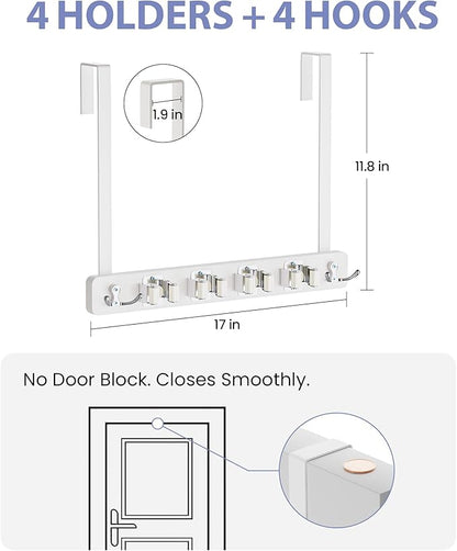 FANGSUN Broom Holder Door Mount Hanging, Over The Door Broom and Mop Organizer with 4 Slots and 4 Hooks, Wooden Tool Rack Storage Hanger for Laundry, Closet, Garage, No Drills