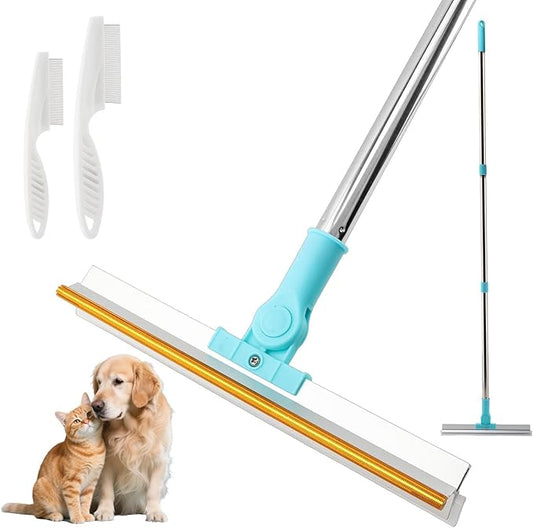 Carpet Rake for Pet Hair Removal, 1 Pet Hair Removal Tool with 2 Pet-Comb, 55” Reusable Dog-Hair Carpet Rake with Adjustable Long Handle, for Sofa, Couch, Car, Rug(Color:Blue)