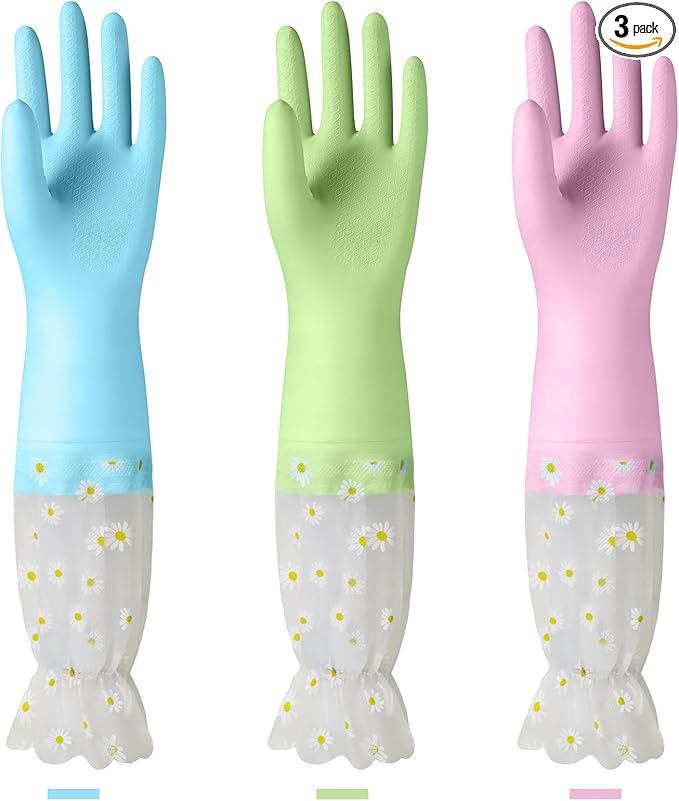KAQ Dishwashing Cleaning Gloves 3 Pairs-Reusable Cotton Liner Rubber Gloves Long cuff 19.5" Non-Slip Kitchen Gardening Gloves