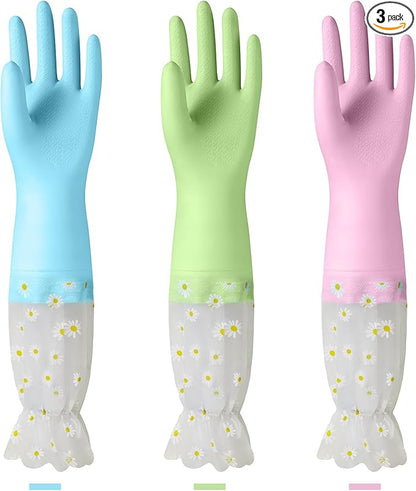 KAQ Dishwashing Cleaning Gloves 3 Pairs-Reusable Cotton Liner Rubber Gloves Long cuff 19.5" Non-Slip Kitchen Gardening Gloves