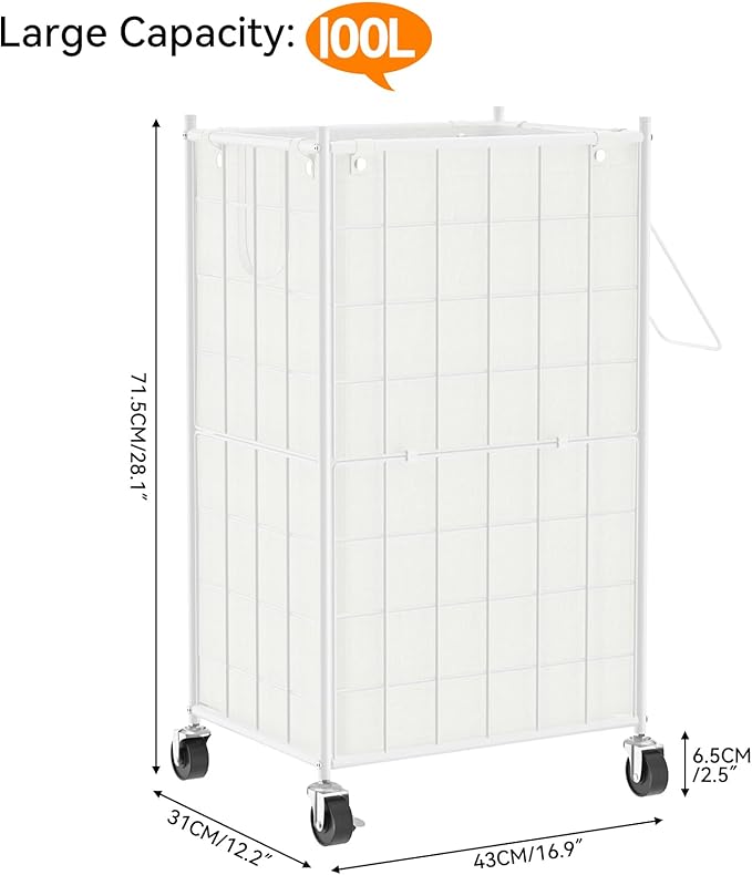 WOWLIVE Laundry Hamper with Wheels,Metal Wire Frame Rolling Laundry Basket with Removable bag,100L Dirty Clothes Hamper Organizer Dorm Room Storage for Bedroom,Bathroom,White