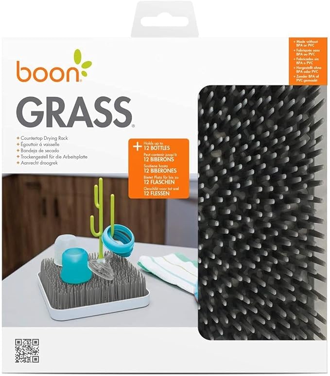Boon Grass Plastic Drying Rack - Modern Countertop Baby Bottle Organizer - 9.75 x 9.88 x 3.0 inches - Gray