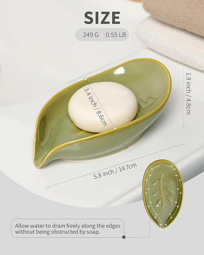 Soap Holder, Self-Draining Soap Dish, Leaf Shape Ceramic Bar Soap Holder Drain Soap Dishes for Bathroom Sink Kitchen, Easy to Clean Keeps Soap Dry, Olive Green, ANTIS'S HOME