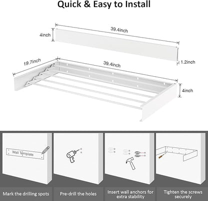 Laundry Drying Rack Collapsible, Wall Mounted Clothes Drying Rack, Space Saving Drying Rack for Laundry, 40" Wide, 16.5 Linear Ft, 5 Aluminum Rods, 60 lb Capacity (White 40")