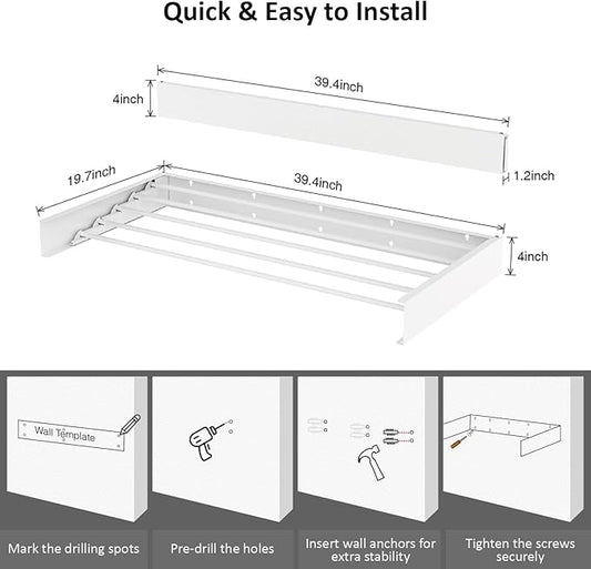 Laundry Drying Rack Collapsible, Wall Mounted Clothes Drying Rack, Space Saving Drying Rack for Laundry, 40" Wide, 16.5 Linear Ft, 5 Aluminum Rods, 60 lb Capacity (White 40")