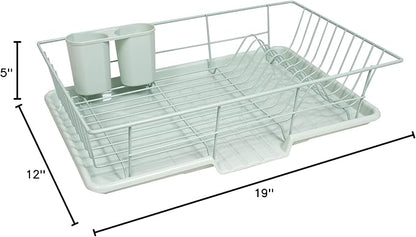 Sweet Home Collection 3 Piece Metal, Plasic Dish Drainer Rack Set with Drying Board and Utensil Holder, 12" x 19" x 5", Mint