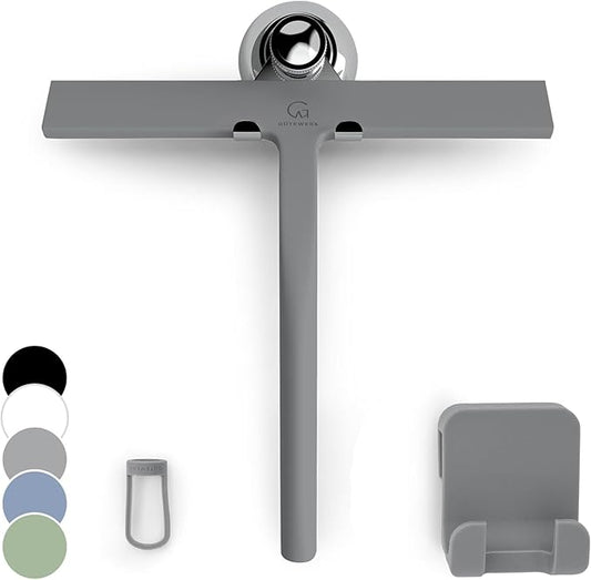 GÜTEWERK Silicone Shower Squeegee for Glass Doors & Mirrors with Stainless Steel Core, Streak-Free & No-Squeak Window Cleaning, 3-in-1 No-Drill Mount (Hook/Suction/Adhesive),Gray, 9 Inches