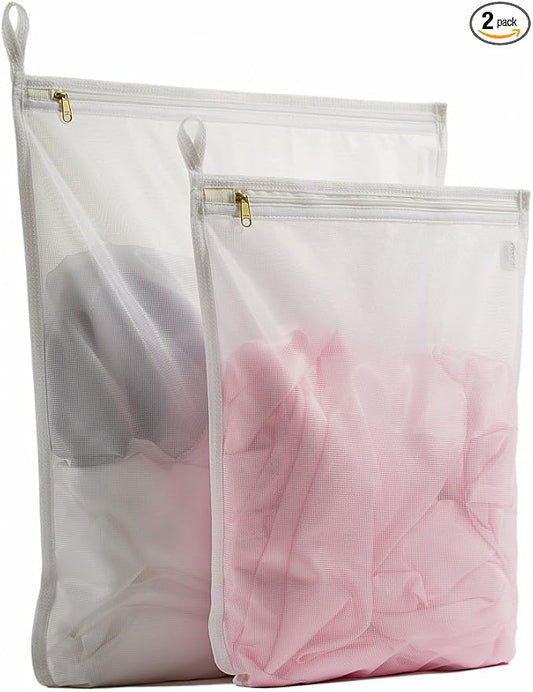 TENRAI Delicates Laundry Bags, Bra Fine Mesh Wash Bag for Underwear, Lingerie, Bra, Pantyhose, Socks, Use YKK Zipper, Have Hanger Loops (White, 1 Large & 1 Medium)