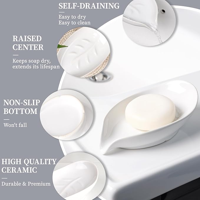 Soap Dish 2PCS, Self-Draining Bar Soap Holder, Leaf Shape Ceramic Drain Soap Dishes for Bathroom Kitchen, Easy to Clean Keeps Soap Dry, White, ANTIS'S HOME